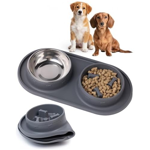 MalsiPree 2-in-1 Puppy Slow Feeder & Water Bowl Set – Essential Dog Gift for Small & Medium Pups – Silicone Feeding Mat & Stainless Steel Bowls, Travel-Ready Training Station for Fast Eaters – Gray
