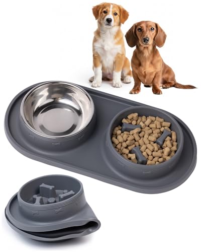 MalsiPree 2-in-1 Puppy Slow Feeder & Water Bowl Set - Essential Dog Gift for Small & Medium Pups - Silicone Feeding Mat & Stainless Steel Bowls, Travel-Ready Training Station for Fast Eaters - Gray