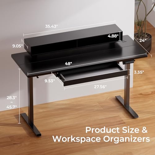 Image of GTPLAYER Electric Standing Desk with Drawers, 48 x 24 Inch Height Adjustable Gaming Desk with Monitor Stand, Power Outlets & LED Lights, Home Office Sit Stand Up Desk with Memory Preset (Black)