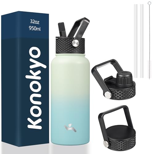 Konokyo Insulated Water Bottle with Straw,32oz 3 Lids Metal Bottles Stainless Steel Water Flask,Mint