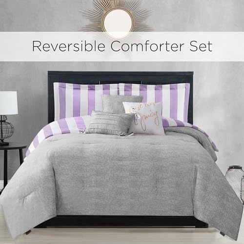 juicy couture cabana stripe reversible bedding set - queen/full size - lavender/white stripe print – 6 piece set – includes 1 90" x 90" comforter, 3 decorative pillows, 2 shams canaba stripe lavender/white queen/full