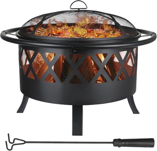 Image of TLSUNNY Round Fire Pit, 32 Inch Wood Burning Fire Bowl with Grill, Insulated Outer Ring, Spark-Proof Cover & Poker, Portable Retro-Look FirePit for Outdoor/Garden/Patio/Camping