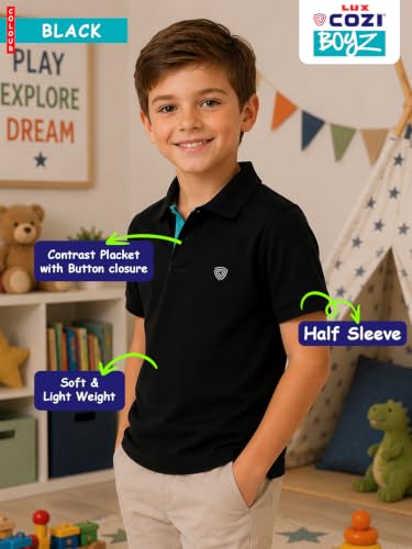 Image of Lux Cozi Boy's Polycotton Polo T-Shirt | Solid Collared Half Sleeve Tee for Kids | Soft Breathable Summer Wear | Casual Smart Polo T-Shirt | 3-14 Years