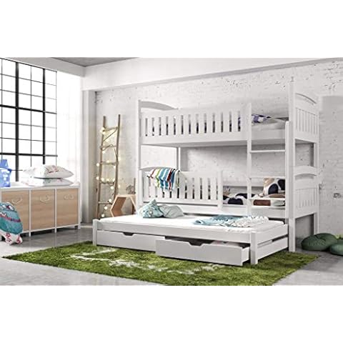 Modern Kids Children Wooden Solid Pine Bunk Trundle Bed BLANKA With Storage Drawers in White sold by Arthauss (Ladder on the right) Cover