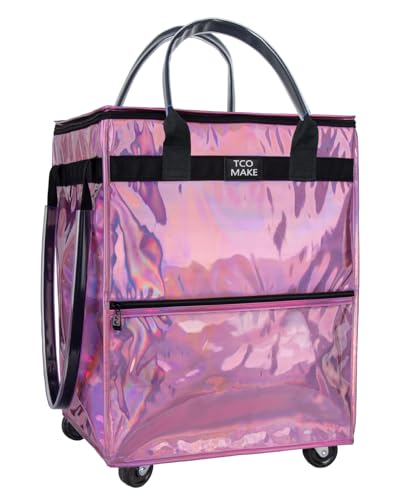 TCOMAKE Reusable Grocery Bag on Wheels, Shopping Bags with Wheels and Handle, Folding Rolling Tote Trolley, Zipper Cover, Carries Up to 46 LBS, Waterproof (Medium, Phantom Pink)