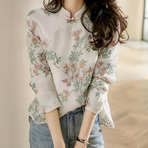 JIMINISO Summer Chinese Improved Cheongsam Top for Women Retro Button Long Sleeve Printed Shirt Female