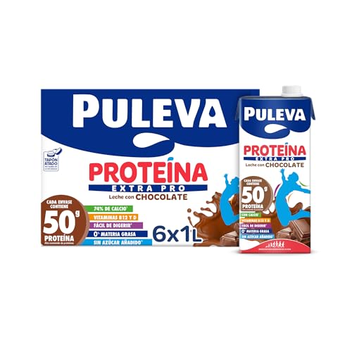 Puleva - Leche Proteína Extra Pro Chocolate, Rica en Calcio, Vitaminas B12 y D, Sin azúcares añadidos, 0% Grasa, Sabor Cacao - Pack 6x1L