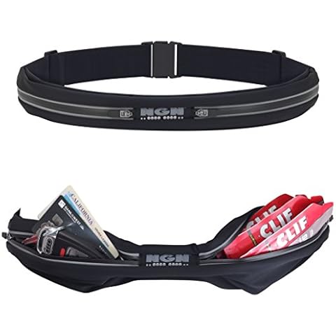 NGN Sport - Running Belt | Waist Pack | Travel Belt | Fitness Bag with Water Resistant Pockets for iPhone, Android, EpiPen, Money and Other Accessories 2-Pocket (Black) Cover