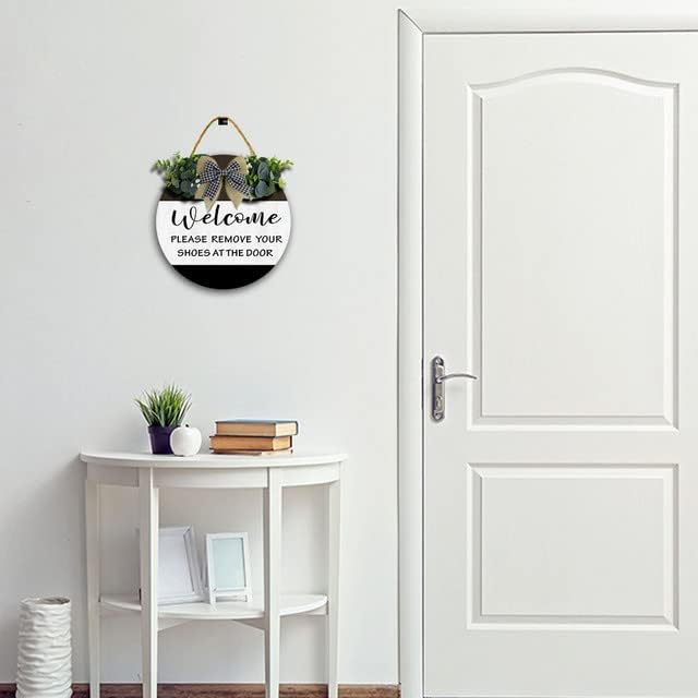 Miniatura 4 de Letrero de puerta de 12 x 12 pulgadas, con texto en inglés "Take Off Your Shoes at The Door", corona redonda de madera rústica, letrero de madera