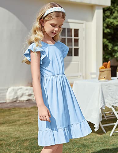 Flypigs Girls Sundress Casual Midi Solid Dress Flutter Sleeve Summer Beach Dresses For 4-5 Years Kids Light Blue #TOP2