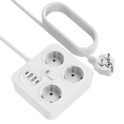 Adaptador de Enchufe 7 en 1, Toma Múltiple de 3 Vías con Conexión 2USB Regleta con USB Enchufe Múltiple Blanco Zócalo de Placa de Pared con Cable de Extensión de 2M 5V/3.1A para Oficina, en casa