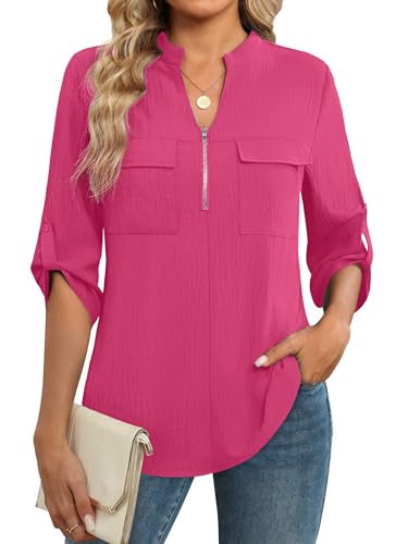 Funlingo Blouses for Women Dressy Casual 3/4 Length Sleeve Womens Tops Zip Front V Neck Work Shirts Tunic Tops to Wear with Leggings Rose Red S