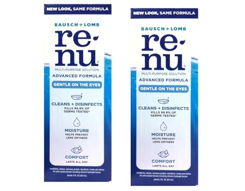 Renu Advanced Formula Multi-Purpose Solution, Gentle on Eyes, Cleans & Disinfects, Moisturizes for Comfort, Travel Size 2 fl oz (Pack of 2)