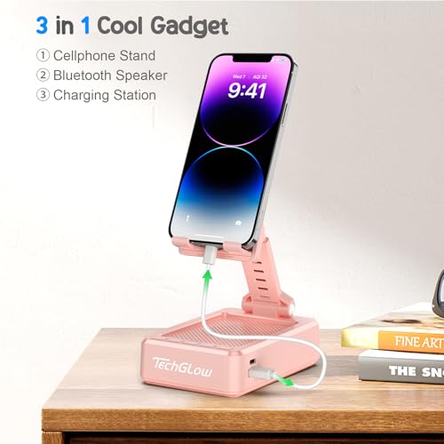 Support pliable pour téléphone portable avec haut-parleur Bluetooth rose TechGlow