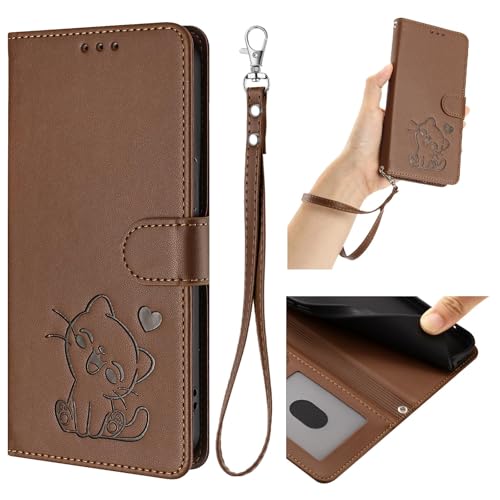 HAOFUGUI Funda Cartera para OPPO A54 4G / A54S / A55S 5G, de Cuero PU con Gato Grabado Carcasa, Tapa con Tarjetero Función Soporte y Correa de Muñeca Desmontable-Marrón