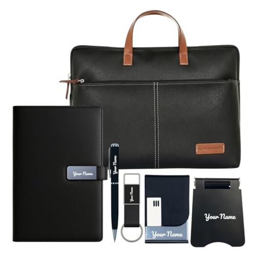 Image of Giftana 6 in 1 Laptop Bag with Personalized Diary and Pen, Keychain, Card Holder, Mobile Stand with Name, Customized Gift for Husband, Father, Employee Welcome Kit, Corporate Gift for Employees (Black)