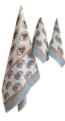 Image of Waffle Cotton Bath & Hand Towel, Hand Block Printed Towel for Bathroom, Quick Drying Towel for Men & Women, Eco Friendly Towel Daily use Towel Pack of 3 Pcs (White4)