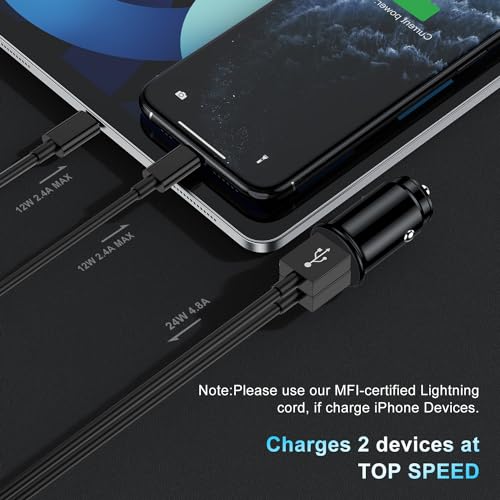 iPhone Car Charger, Apple Certified Dual USB Car Charger Adapter Plug with USB Lightning Cable,Fast Charging Cord for Apple iPhone 14 Pro Max/14/13 Pro/13/12 Mini/11/Xs Max/XR/X/8 Plus/7/6S/5/iPad