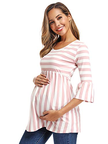 Love2Mi Women's Maternity Tops Striped Peplum Tunic Tops 3/8 Bell-Sleeve Pregnancy Shirts Tops… #TOP2