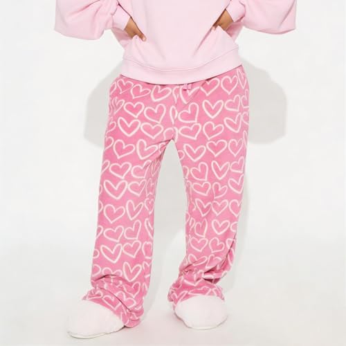 Image of Valentine's Day Flannel Pants Women's Romantic Heart Print Elastic Drawstring Waistband Wide Leg Loose Fit Trousers