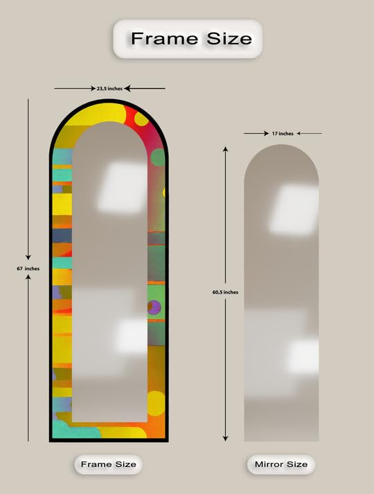 Specchio da pavimento a forma di cerchio astratto e strisce, lunghezza completa, specchio ad arco a tutta lunghezza, specchio da pavimento con cornice nera e cornice nera