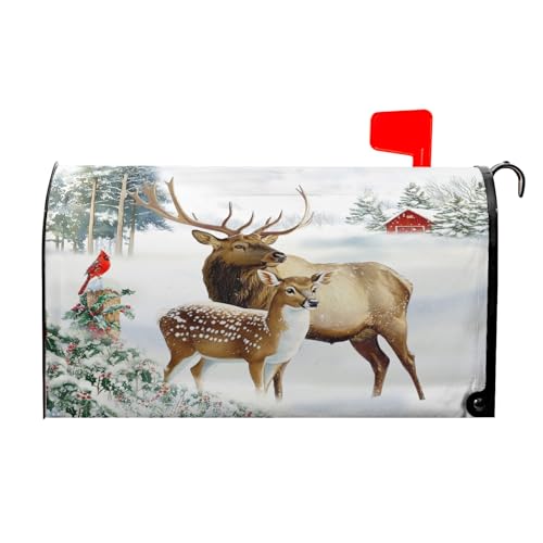 Image of Winter Deer Mailbox Cover Magnetic- Christmas Reindeer Moose Elk Mailbox Wrap- Standard Size 21x18 Inch Waterproof Letter Post Cover for Garden Yard Outdoor Farmhouse Decor