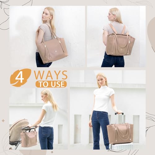 Image of miss fong Diaper Bag Tote Leather Diaper Bag Backpack, Large Capacity Mommy Bag Hospital Bag, 12 Pockets Travel Diaper Tote with Changing Pad Panaleras Para Bebe for Moms & Dad-Khaki