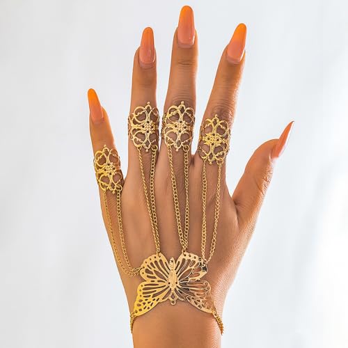 Jumwrit Vintage Finger Ring Hand Chain Bracelet Boho Butterfly Ethnic Hand Harness Belly Dance Cosplay Hollow Flower Open Ring Bracelet Costume Accessories for Women3