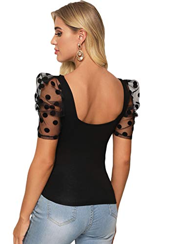 Verdusa Women's Sweetheart Neck Mesh Puff Sleeve Slim Fitted Tee Top Black L #TOP1