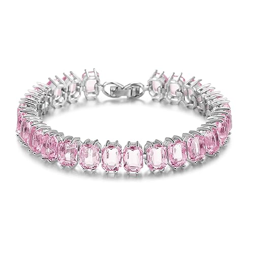 ORATIGOR Tennis Bracelet for Women 9mm*6mm Multicolored CZ Tennis Bracelets White Gold Plated Colorful Cubic Zircon Bangle (pink)
