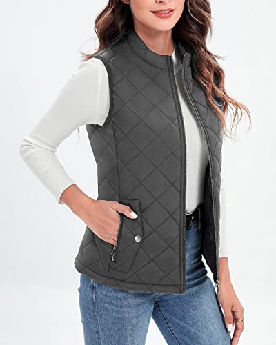 Xeoxarel Women's Quilted Vest, Stand Collar Puffer Lightweight Zip Padded Outerwear Gilet Charcoal Gray Large #TOP1