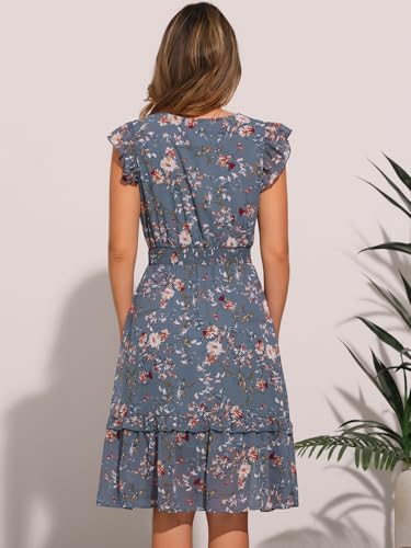 Image of Allegra K Women's Floral Dress Spring Summer V Neck Flutter Sleeve Ruffle Casual Smocked Knee Length Dresses