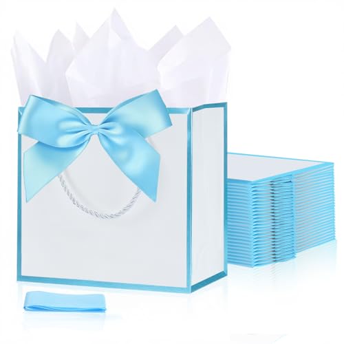 SHIPKEY 10 PCS Blue Gift Bags, 7.4"x2.8"x5.9" Small Welcome Bags, Luxury Shopping Bag with Ribbon Handle and Bows (18.8x7x14.8cm)
