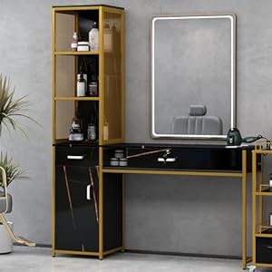 Barber Salon Station for Hair Stylist, Beauty Salon Station with Lockable Drawer, Set Beauty Spa Furniture Set, Left Shelf and Storage Cabinet, Beauty Spa Equipment (Black)