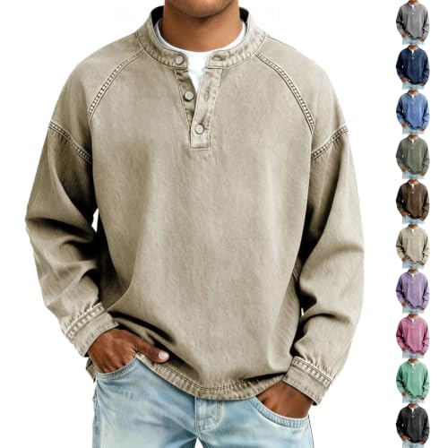 Vintage Washed T Shirt Men Washed Button Henley Henley T Shirts for Men | Retro Classic, Raglan Sleeve, Thermal Warm, No Bloated Feeling, Relaxed Fit, Oversized, Long Sleeve, Fall Winter - image 1