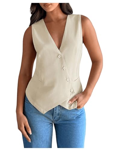 MakeMeChic Women's Vest Tops Y2K Trendy V Neck Button Down Asymmetrical Blazer Vest Waistcoat Jacket - Main Image