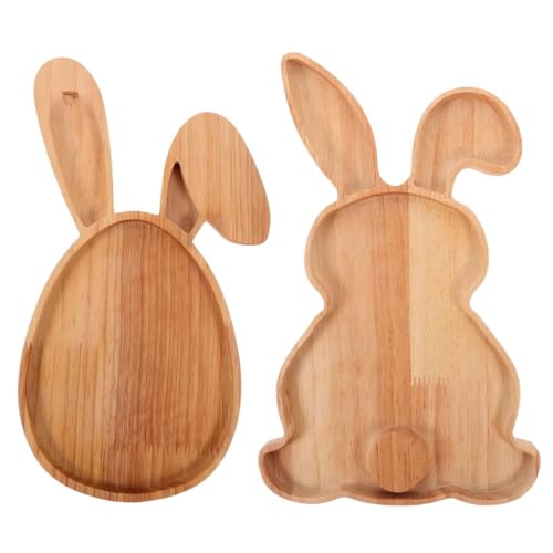 PEIQICHU Pack 2 Wooden Easter Rabbit & Easter Egg Shape Platters Charcuterie Serving Tray Spring Rustic Decorative Bunny Dessert Candy Serving Plates