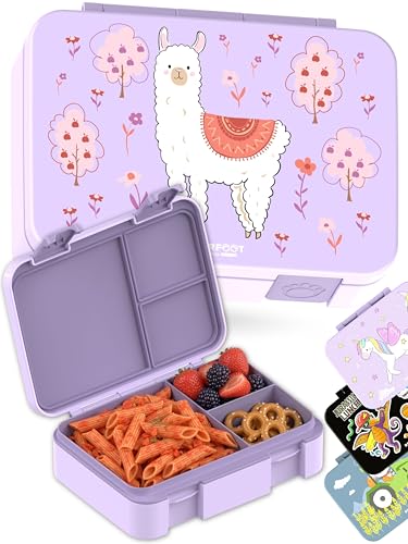Image of BEARFOOT Kids Lunch Box with Compartments - Compact & Lightweight | Leak-Proof, BPA-Free, Dishwasher Safe | Hand-Drawn Design for Preschool, School, Travel (Llama Purple, 4 Cups) | BPA Free Leakproof Lunch Box with Compartments School & Nursery for Girls & Boys Lightweight & Compact