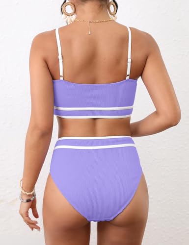 Image of BMJL Women's High Waisted Bikini Ribbed Two Piece Swimsuit High Cut Color Block Adjustable Straps Bathing Suit