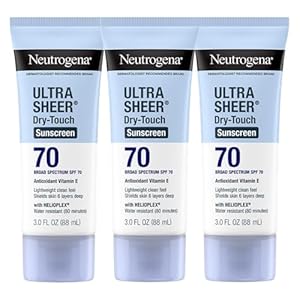 Neutrogena Ultra Sheer Dry-Touch Sunscreen For Face & Body, SPF 70 Broad Spectrum UVA/UVB Protection, Lightweight Water Resistant & Non-Greasy, Travel Size Sunscreen, 3 fl. oz (Pack of 3)