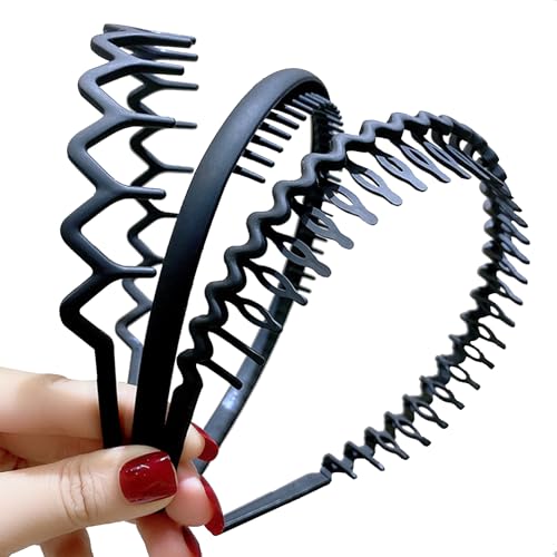3-Piece Sharks Tooth Hair Comb Set, Non-Slip Sports Fashion Headband, Plastic Black Hair Hoop Spring Wave Hairband, Multi-Style Hairband for Women, Girls & Men