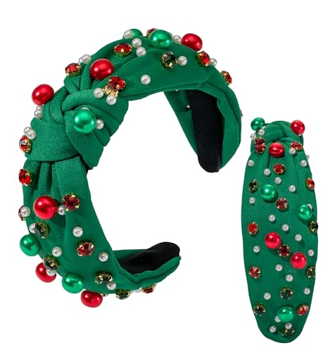 Mixcbe Christmas Jeweled Headband For Women Red Green Crystal Pearl Xmas Embellished Knotted Hairband Ladies Twist Wide Green Hair Band Accessories Fashion Holiday Hairband Gifts cover