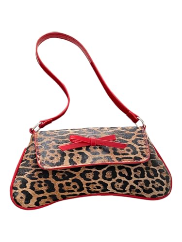 Women's Y2K Leopard Flap Shoulder Handbags Contrast Binding Bowknot Underarm Bag Purse