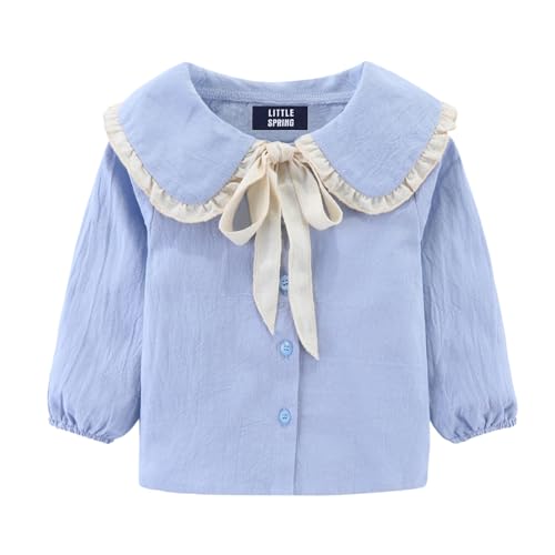 LittleSpring Girls Button Down Shirt with Peter Pan Collar Tie Bow Blouse