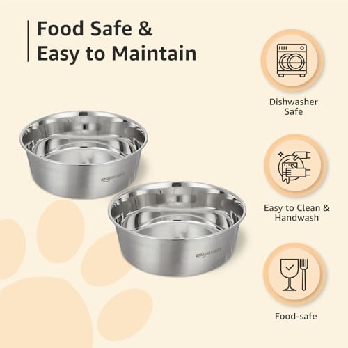 Image of Amazon Basics Heavy Dog Bowl | Large Size | Stainless Steel | Feeding Bowls for Dog, Cats and Pet | Pack of 2 x 1600 ml