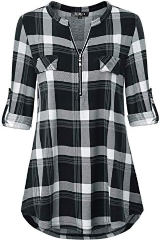 Women's Plaid Shirt 3/4 Roll Up Sleeve Zipper V Neck Casual Blouses Tunic Tops