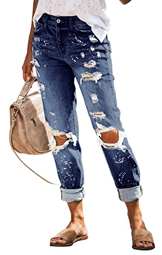 Kunmi Women's Ripped Mid Waisted Boyfriend Jeans Loose Fit Distressed Stretchy Denim Pants #TOP1