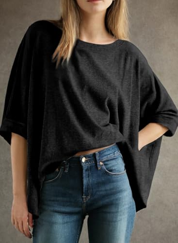 Dokotoo T Shirts for Women Summer 2026 Fashion Clothing Outfits Womens Tops Oversized Tshirts Plus Size Cute Tops Spring Trendy Loose Blouses Women's Dressy Casual Workout Gym Clothes Basic Tees Black