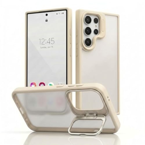 Image of amazon basics Frosted Matte Case for Samsung Galaxy S23 Ultra 5G | Built-in Flip-Out Camera Lens Stand | Translucent Back with Contrast White Bumper | Foldable Kickstand
