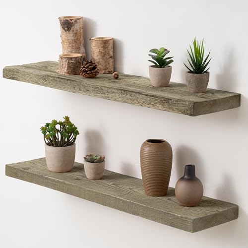 Acovy 30" Unfinished Solid Reclaimed Wood Floating Shelves, Rustic Heavy-Duty Wall Shelves, 8" Deep Floating Shelf for Living Room, Bathroom, Bedroom and Kitchen, Set of 2, Grey